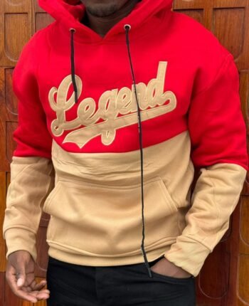 high quality cotton hoodie, red top and beige half bottom with Legend word on the front and pockets